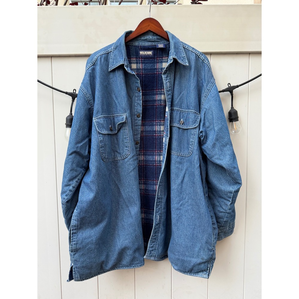 Wolverine Mens XL Denim Shirt Jacket Fleece Lined Plaid Blue Cotton Workwear